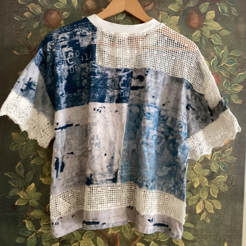 Anthropologie Pilcro Mixed Media Torn Lace Tee Blouse Short Sleeve Top Boho - Picture 5 of 12